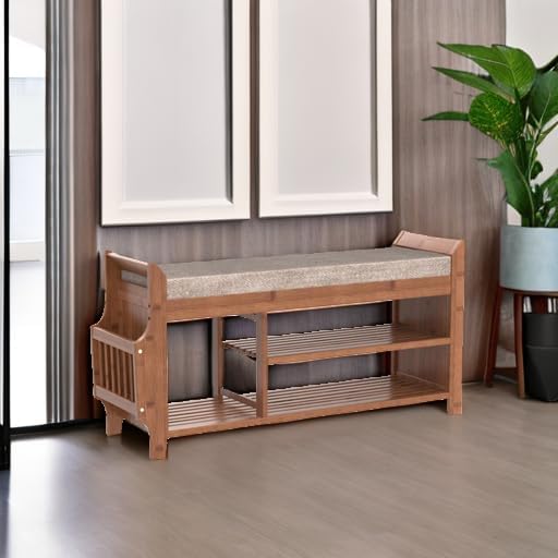 PETKABOO Shoe Bench with Hidden Drawer and Side Holder, 2 Tier Entryway Bench with Storage 39.4 in, Bamboo Shoe Rack with Cushion for Entryway Hallway Living Room Bedroom
