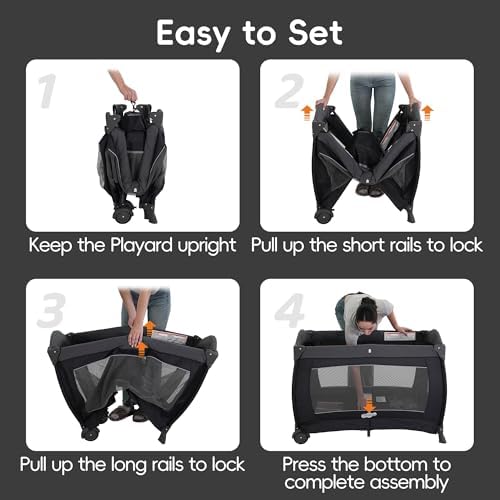 Pamo Babe Pack and Play 4-in-1 Baby Playard with Bassinet & Changing Table, Foldable Portable Playpen with Mattress, Travel Crib for Newborn to Toddler 0-36M-Black