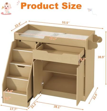 St.Mandyu Baby Changing Table with Drawers & Storage, Diaper Changing Station with Stairs, Toddler Wooden Changing Table with Paper Roller for Daycare & Home, Oak