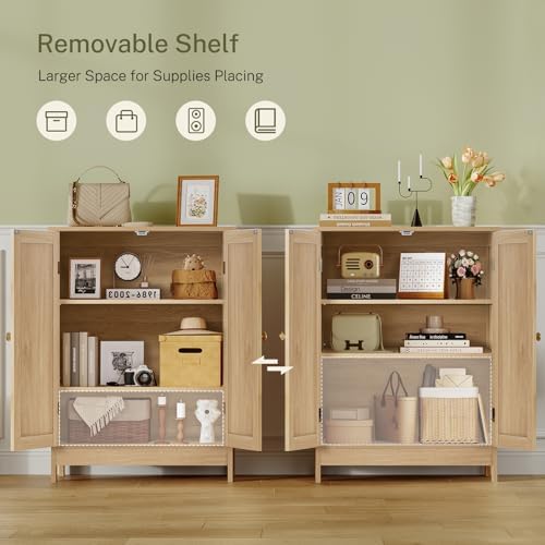 Iwell Storage Cabinet, Rattan Cabinet with Adjustable Shelf, for Living Room, Entryway, Kitchen, Home Office, Nature