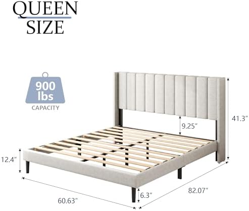 Gruwans Queen Size Bed Frame with Upholstered Wingback Headboard, Easy Assemnly Platform Bed, Wooden Slat Support No Box Spring Needed, Sand