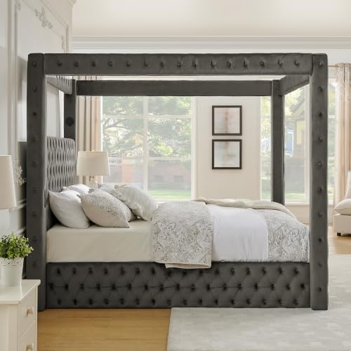 LUMISOL Canopy Bed Frame Queen Size, Velvet Upholstered Platform Bed with Button Tufted Headboard, Four Posters, Built-in Speaker and Charging Station, Heavy Duty Mattress Foundation, Grey