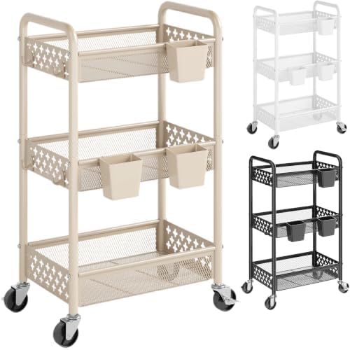 3 Tier Metal Rolling Cart, Beige Utility Storage Carts with Lockable Wheels, Three Tier Craft Cart Organizer for Baby Essentials, Diaper Caddy, Cleaning Supplies, Art Supply, Lash, Laundry Room, Book