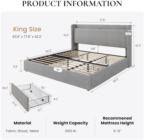 SHA CERLIN King Size Storage Bed Frame with 4 Oversized Drawers, Modern Wingback Headboard with Storage Shelf & Charging Station, No Box Spring Needed, Easy Assembly, Grey