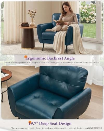 Blue Faux Leather Accent Chairs Set of 2, Tufted Arm Chairs for Living Room
