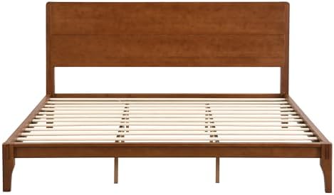 Merax King Size Bamboo Platform Bed Frame with Tall Headboard, Brown