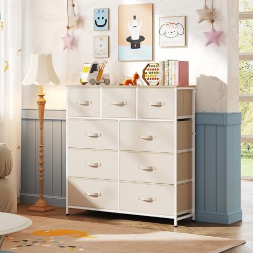 WLIVE Tall Dresser for Bedroom, 9 Drawer Chest of Drawers, Cream White