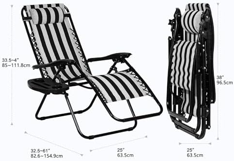 Nazhura Set of 2 Relaxing Recliners Patio Chairs Adjustable Steel Mesh Zero Gravity Lounge Chair Beach Chairs with Pillow and Cup Holder Khaki (Black/White Stripe)