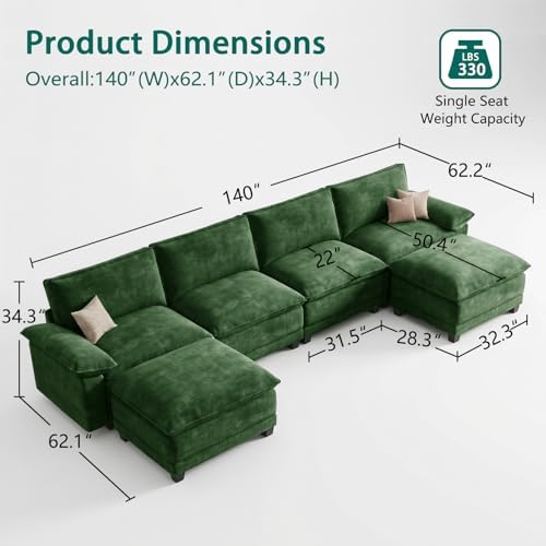 140" Modular Sectional Couch, U Shaped Cloud Sofa for Living Room