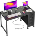 PRAISUN 39.4 Inch Computer Office Desk with Power Outelts and USB-C Port, Reversible Gaming Desk with 4 Fabric Drawers, Work Study Desk Work from Home, Black