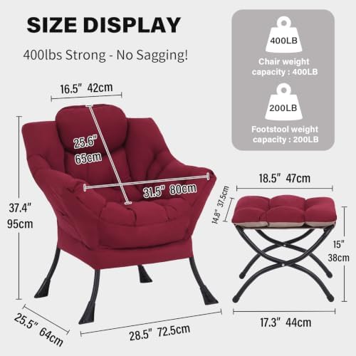 Tiita Lazy Chair with Ottoman, Comfy Reading Accent Chair, Burgundy