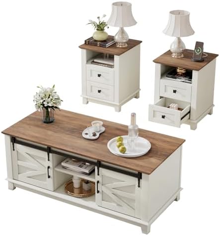 LUXOAK Farmhouse Table Set of 3, Coffee Table with Sliding Barn Doors, End Tables Set of 2 with Charging Station for Living Room & Bedroom, Sliding Barn Doors, 2 Tiers Storage Drawer, Antique White