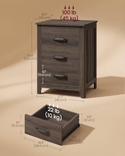 VASAGLE Farmhouse Nightstand with Charging Station, 3 Drawers