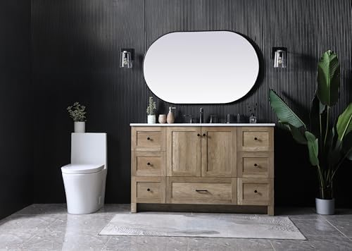 54" Pre-Assembled Bathroom Vanity with Sink, Engineered Wood, Ivory White Engineered Marble Countertop Attached, Single Rectangle Porcelain Sink, 7 Soft-Close Drawers, Natural Oak