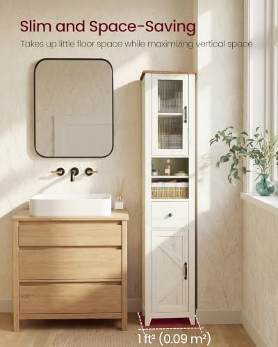 VASAGLE Tall Bathroom Cabinet, Narrow Space Saver, 13 x 12.4 x 67.3 inch | Farmhouse Freestanding Storage Cupboard with Drawer and Doors, Rustic White and Honey Brown, LIRY Collection UBBK660W101S