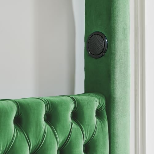 LUMISOL Canopy Bed Frame Queen Size, Velvet Upholstered Platform Bed with Button Tufted Headboard, Four Posters, Built-in Speaker and Charging Station, Heavy Duty Mattress Foundation, Green