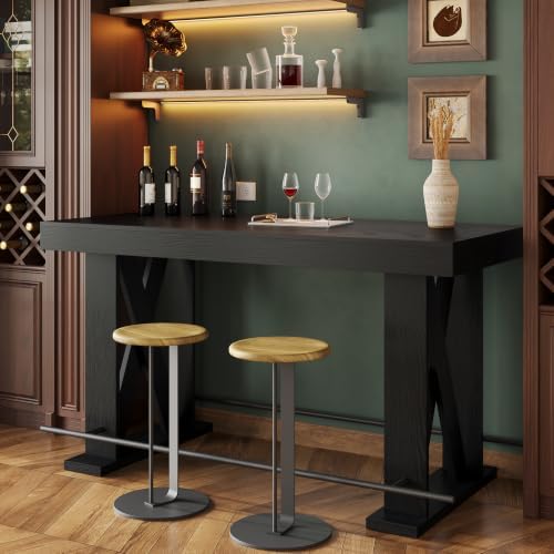 LITTLE TREE 63" Bar Table, Pub Table with Metal Footrest (Black,2)