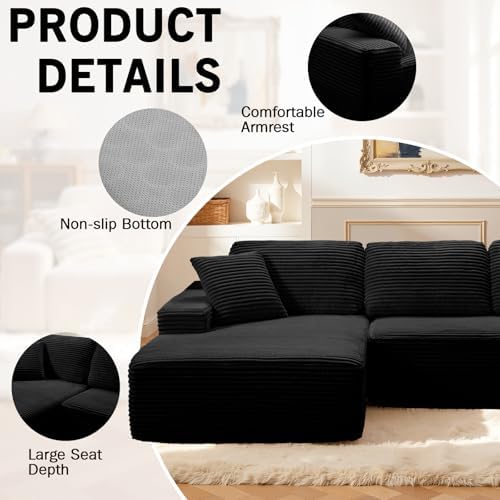 Modular Sectional Sofa, Convertible Sofa Bed, No Assembly Required Cloud Couch with Deep Seat, Modern L-Shaped Boneless Sofa for Living Room (Black)
