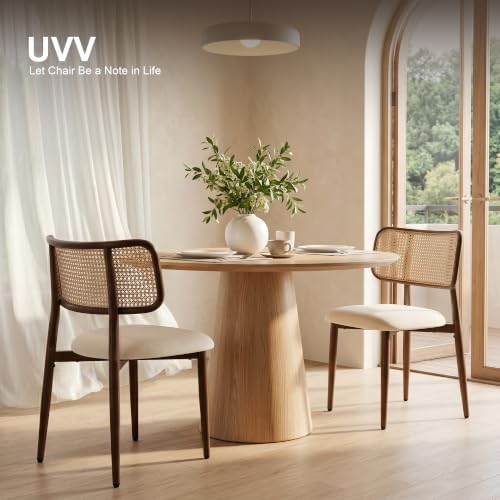 UVV Dining Chairs Set of 4, Metal Kitchen Chairs with Modern Fabric Upholstered for Dining Room, Beige Rattan