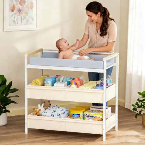 Cidaziya Baby Changing Table with Safety Bumper, Sturdy Diaper Change Station with Adjustable Devider in Large Storage Bin, Nursery Dresser for for Cloth Change, Baby Furniture Diaper Organizer,White