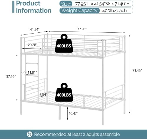 Bonnlo Bunk Bed Twin Over Twin, Metal Bunk Beds White for Girls/Boys/Adults, Anti-Slip Flat Step, No Box Spring Needed