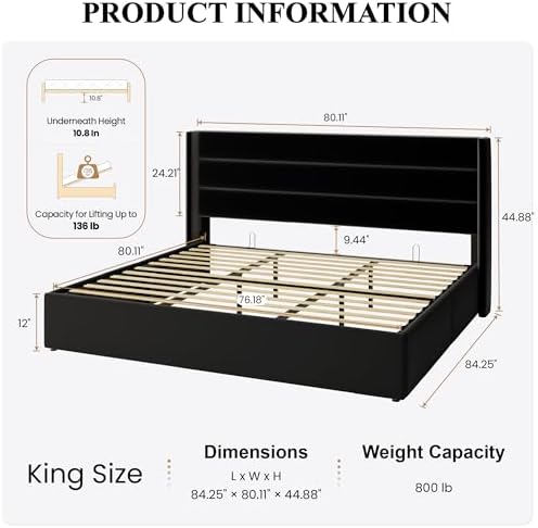SHA CERLIN King Size Lift Up Hydraulic Storage Bed Frame Black