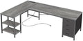 Huuger 55 Inch L Shaped Desk with Fabric Drawers, Reversible Computer Gaming Desk with Power Outlets and USB-C Port, Adjustable Side Storage Shelves, for Work Study Corner Home Office, Grey,1CD078H