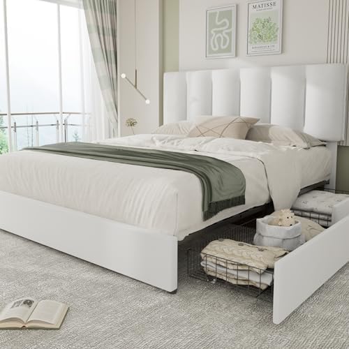 VECELO Full Size Bed Frame with 4 Storage Drawers, Adjustable Height Headboard, Heavy-Duty Platform Bedframe with Strong Wooden Slats, No Box Spring Needed, Pure White