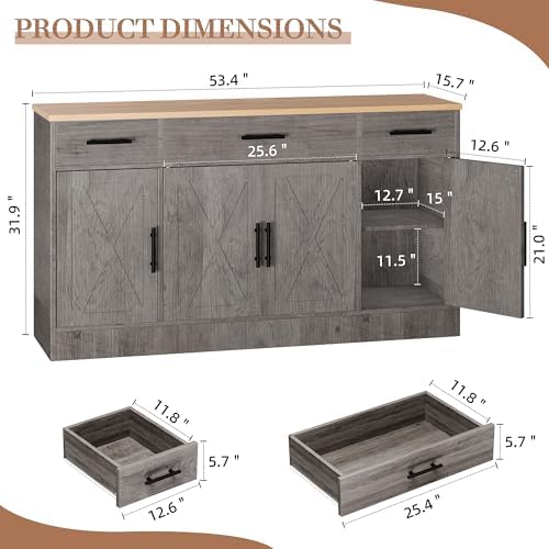 Shintenchi Buffet Cabinet with Storage,53.4" Large Kitchen Storage Cabinet with 3 Drawers and 4 Doors,Wood Farmhouse Buffet Sideboard with Adjustable Shelf for Kitchen Living Room, Gray
