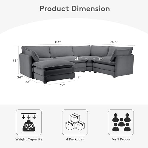 ROWHY 113'' Modular Sectional Cloud Corner Couch, 5 Seater L Shape Sofa Big Comfy Corduroy Oversized Couch with 2 Pillows Movable Ottoman, Deep Seat Sectional Couches for Living Room Office Dark Grey