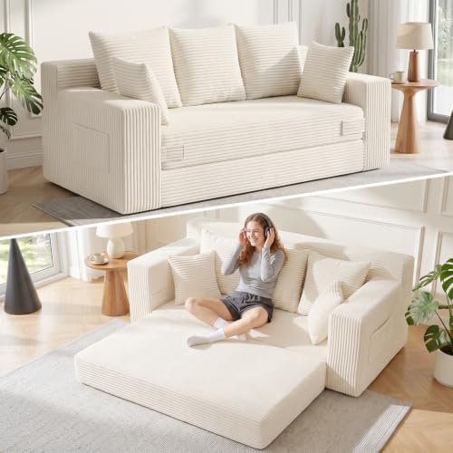 Boneless Couch for Living Room, 3 Seater Convertible Sofa Bed in A Box, Folding Pull Out Couch with Comfy Corduroy, Loveseat Sleeper Floor Sofa with 5 Pillows, No Assembly Required, Beige