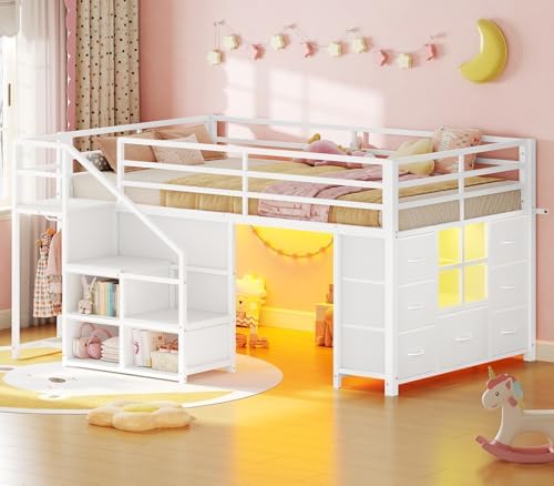 BTHFST Low Loft Bed Twin Size with Stairs,LED Lights,7 Large Drawers, White