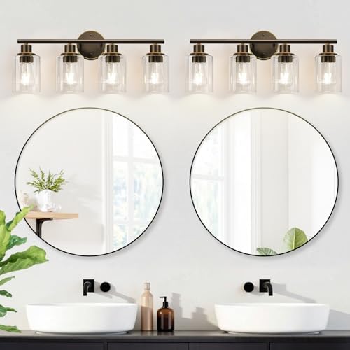 4-Light Bathroom Light Fixtures, Brown and Gold Modern Vanity Lights Over Mirror with Clear Glass Shade, Bathroom Wall Lamp for Mirror Kitchen Living Room Hallway Cabinet Porch Bedroom Reading room