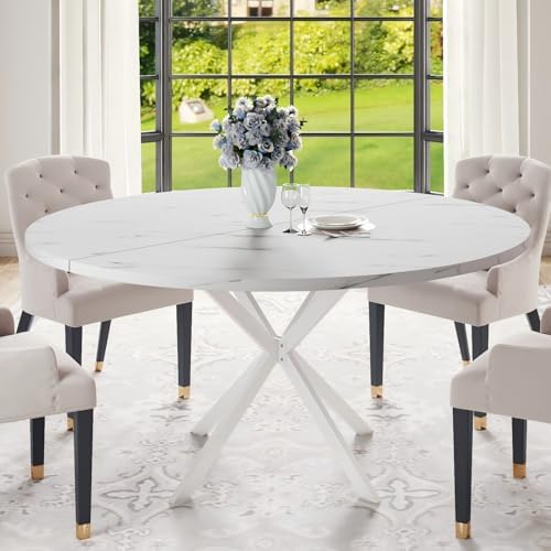 47.24" Round Dining Table for 4-6 Person, Round Kitchen Table with Wood Top, Circle Dinner Pedestal Tables with Metal Legs for Dining Room Kitchen (White Marble)