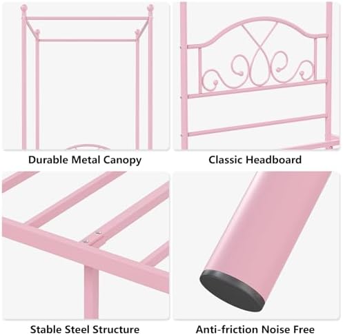 Twin Princess Canopy Bed Frame with 4 Posters, Twin Size Bed for Kids Girls