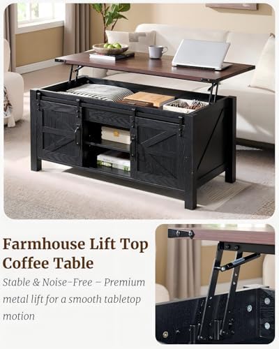 OKD 48" Farmhouse Lift Top Coffee Table, Sliding Barn Door,Black & Walnut