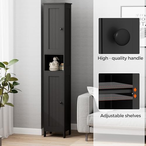 Homleke Tall Bathroom Storage Cabinet with 2 Doors, Slim Bathroom Cabinet | Narrow Storage Cabinet with Adjustable Shelves, Reversible Door, Easy Assembly, for Bathroom, Living Room, Black, 11.8''W