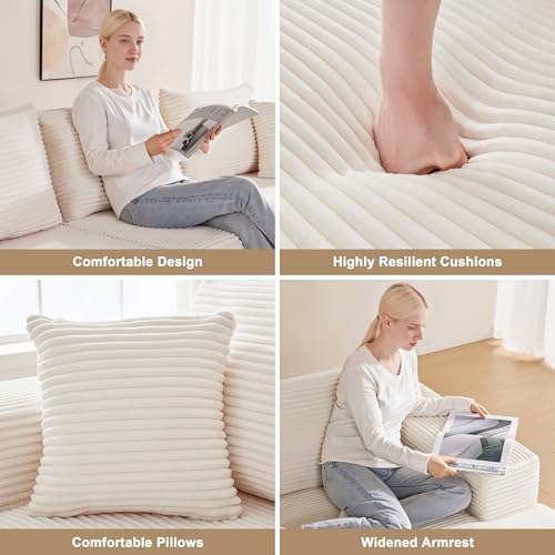 Mangodan 140” Cloud Sectional Couch, Boneless Sofa for Living Room, Modular Sectional Sofa with Deep Seat, Comfy Fluffy U-Shaped Couch with Right-Facing Chaise, No Assembly Required, Beige