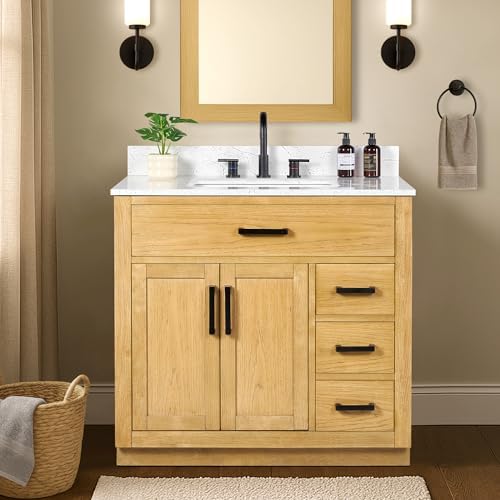 36-inch Natural Oak Bathroom Vanity with Sink, Solid Wood, 0.79-inch Stone Countertop and Backsplash, 4 Drawers, 2 Soft Closing Doors