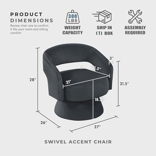 Lexicon Swivel Accent Chair, Modern Velvet Round Barrel Chair, Dark Gray