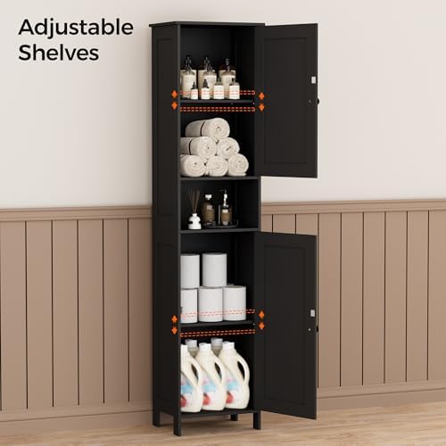 Homleke Tall Bathroom Storage Cabinet with 2 Doors, Slim Bathroom Cabinet | Narrow Storage Cabinet with Adjustable Shelves, Reversible Door, Easy Assembly, for Bathroom, Living Room, Black, 15.7''W