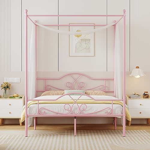Full Canopy Bed Frame with 4 Posters, Full Size Bed for Kids Girls Adults