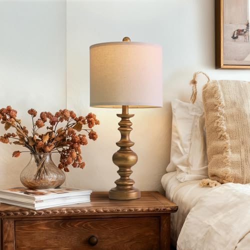 BOBOMOMO 24" Traditional Lamps Set of 2 – Antique Gold Bedside Lamps with Linen Shades, Elegant Medium Farmhouse Lamps for Living Room, Bedroom, and Hallway, Ideal for Warm, Cozy Spaces