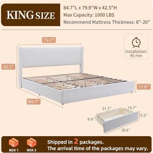 King Bed Frame with Storage Drawers, Corduroy Bed with Headboard, Cream