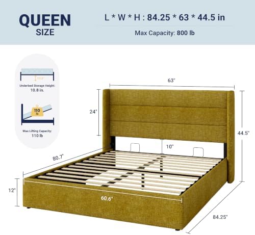 Allewie Queen Size Lift Up Hydraulic Storage Bed Frame Olive Yellow
