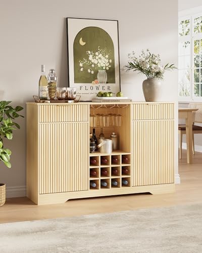 55" Fluted Wine Bar Cabinet - Coffee Bar Cabinets for Home with Storage, 2 Door & 2 Drawer Buffet Sideboard with Liquor Rack and Glass Holder, Alcohol Indoor Bars for Living Room, Kitchen