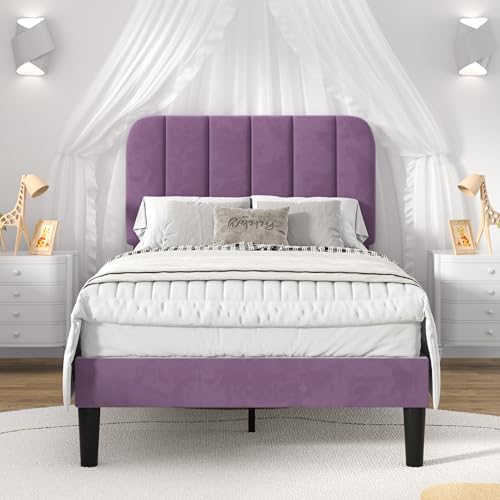 VECELO Twin Size Bed Frame with Upholstered Headboard, Velvet Platform Bedframe Mattress Foundation, Strong Wood Slat Support, No Box Spring Needed,Purple