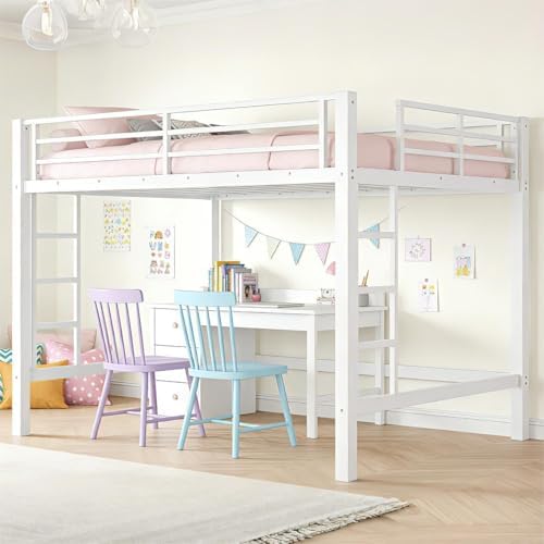 Bellemave Queen Size Loft Bed Frame with 2 Ladder, Sturdy Metal Construction & High Guardrail, Space-Saving Queen Loft Bed for Kids, No Box Spring Needed, Safe for Kids, Adults, Teens, Dorms, White
