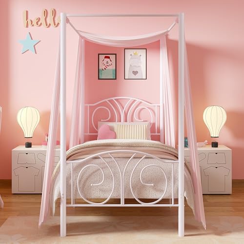 VECELO Twin Canopy Bed Frame, Vintage Scrollwork Headboard, Pure White