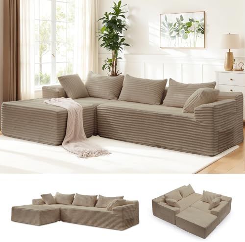 Korser 110" L-Shaped Modular Sectional Sofa with Chaise, Boneless Comfy Corduroy Fluffy Couch with Deep Seat and Side Pockets, Flexible Module Combination for Living Room, No Assembly, Side Pockets